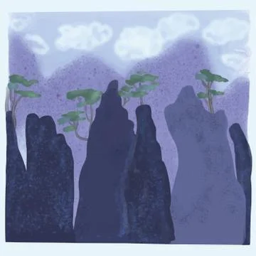 Panoramic view of the trees, clouds and mountains. Stock Illustration