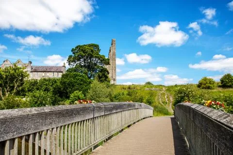 A panoramic view of Trim castle in County Meath on the River Boyne, Ireland. It Stock Photos