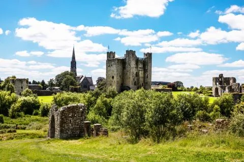 A panoramic view of Trim castle in County Meath on the River Boyne, Ireland. It Stock Photos