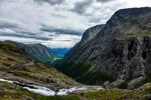 Panoramic view of the Trollstigen a mountain pass road in Norway. Stock Photos