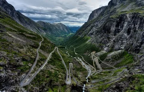 Panoramic view of the Trollstigen a mountain pass road in Norway. Stock Photos