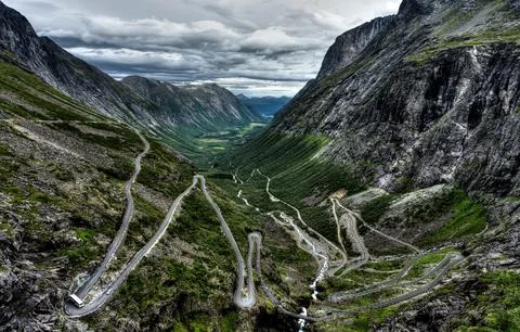 Panoramic view of the Trollstigen a mountain pass road in Norway. Stock Photos