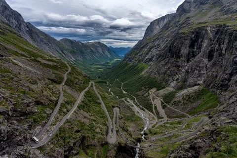 Panoramic view of the Trollstigen a mountain pass road in Norway. Stock Photos