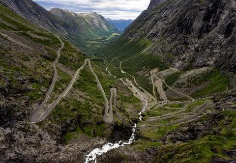 Panoramic view of the Trollstigen a mountain pass road in Norway. Stock Photos