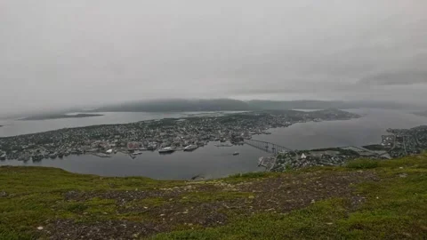 Panoramic view of Tromso city island and bridge from mountain summit Vídeos de archivo 341697331