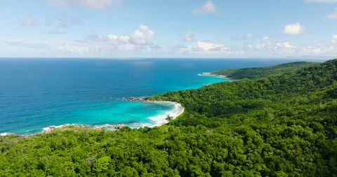 Panoramic view of tropical coastline and ocean. Seychelles, La Digue. Stock Footage 316864756
