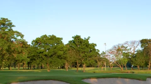 Panoramic View of Tropical Golf Course with Sand Traps and Lush Trees Stock Footage 338052790