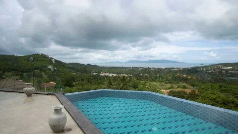 Panoramic View from Tropical Villa on Cloudy Day Stock Footage 81509774