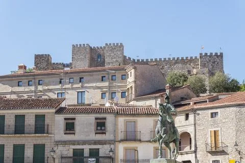 Panoramic view from Trujillo main square. Statue of Francisco Pisarro and C.. Stock Photos