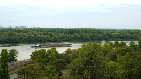 Panoramic view, tug boat pushing barge on river, forest trees on river bank. Stock Footage 83696234