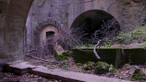 Panoramic view of the tunnels  inside the old fortress Stock Footage 126584980