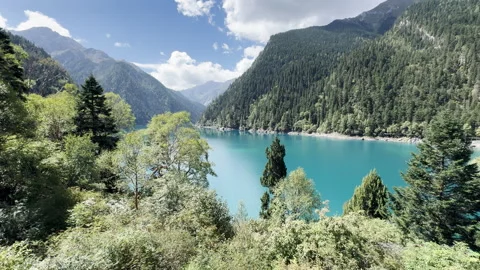 Panoramic View of Turquoise Long Lake in Jiuzhaigou Valley, Sichuan, China Stock Footage 344916810