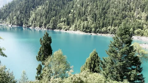 Panoramic View of Turquoise Long Lake in Jiuzhaigou Valley, Sichuan, China Stock Footage 344919973