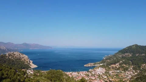 Panoramic View of Turunc Bay, Turkey  Coastal Village and Mediterranean Sea Stock Footage 318031978