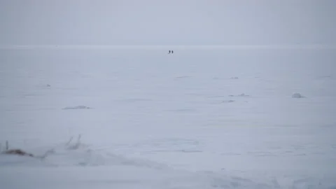 Panoramic view two people walking across the snow-covered Baltic sea 스톡 동영상 171308930
