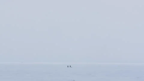 Panoramic view two people walking across the snow-covered Baltic sea 스톡 동영상 171309101