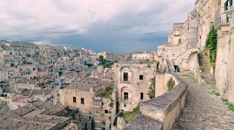 Panoramic view of typical stones (Sassi di Matera) and church of Matera Stockbeeldmateriaal 68189526