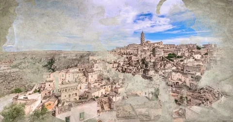 Panoramic view of typical stones (Sassi di Matera) and church of Matera Stock Footage 72264753