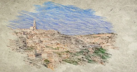 Panoramic view of typical stones (Sassi di Matera) and church of Matera Stock-Footage 72274580