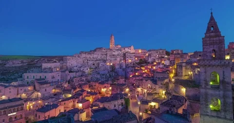 Panoramic view of typical stones Sassi di Matera and church of Matera Vidéo 89602197