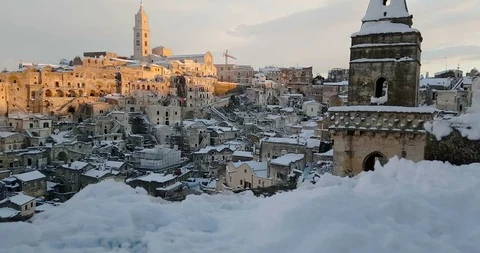 Panoramic view of typical stones Sassi di Matera and church of Matera 2019 Stock Footage 107409914
