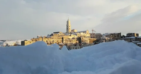 Panoramic view of typical stones Sassi di Matera and church of Matera 2019 Stock Footage 113932322