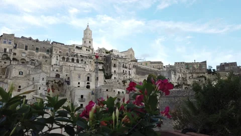 Panoramic view of typical stones (Sassi di Matera) and church of Matera Stock Footage 135503000