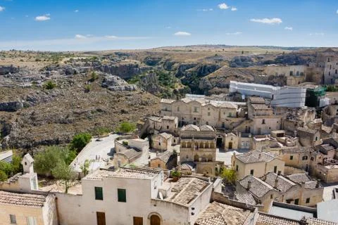 Panoramic view of typical stones (Sassi di Matera) and church of Matera Stock Photos