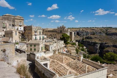Panoramic view of typical stones (Sassi di Matera) and church of Matera UNESC Stock Photos