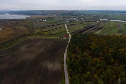 Panoramic view of Ukrainian fields and forests in Ternopil in autumn. 스톡 사진