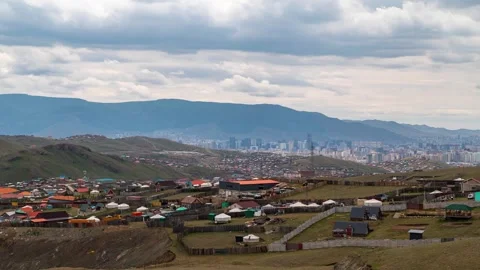 Panoramic view of the Ulaanbaatar yurt region with city downtown on background Stock Footage 338388732