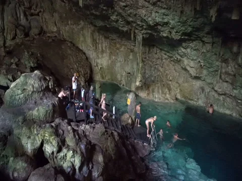 Panoramic view of the underground cave and lake with chrystal blue water Stock Footage 71540917
