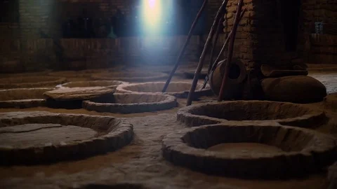 Panoramic view of underground cellar for storing georgian wine in kvevri Stock Footage 71423040