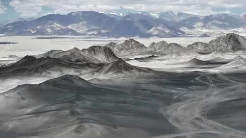 Panoramic View of Unique Lunar Landscape with Wind Turbines Heidu Mountain China Stock Footage 339585371