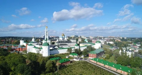 Panoramic view of unique monastery complex of Trinity Lavra of St. Sergius Stock Footage 95296080