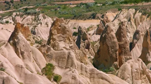 Panoramic View of the Unique Rock Formations in Rose Valley, Cappadocia, Turkey Stock Footage 332522507
