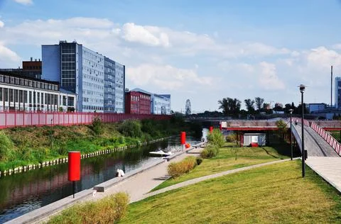 Panoramic view of the Upa river. River embankment and industrial buildings. Stock Photos