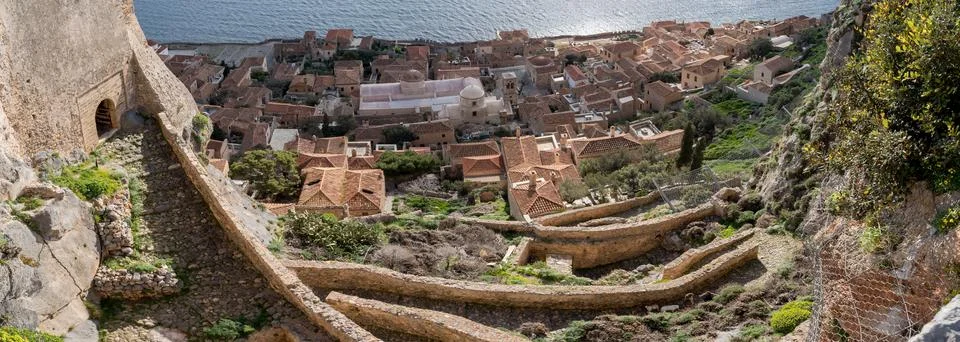 Panoramic view of upper Gate and Winding Path in Monemvasia, Greece Fotos Stock