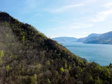 Panoramic view, the upper part of Lake Como over Gravedona, down to Bellagio Stock Photos
