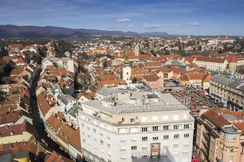 Panoramic view of the Upper town and Dolac market in Zagreb Stock Photos