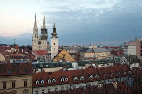 Panoramic view from the upper town towards kaptol, the cathedral, st marys Stock Photos