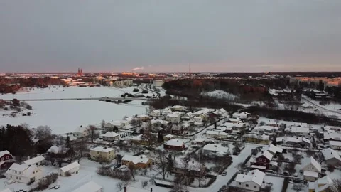 Panoramic view of Uppsala covered in snow (as seen from its suburbs), 2K Stock Footage 196116707