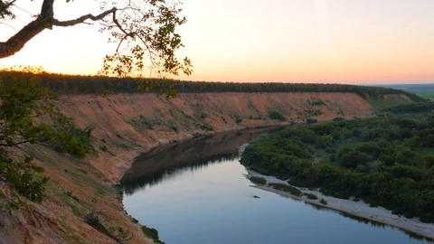 Panoramic view of valley with beautiful river Don, high sand hills and forest Stock Footage 91334803
