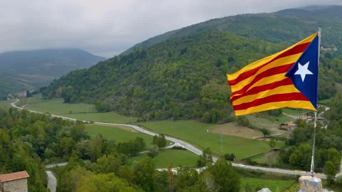 Panoramic view of a valley with a flag in close-up. Video stock 273037216
