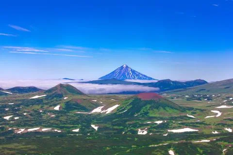 Panoramic view on the valley at the foot of Mutnovsky Volcano, Kamchatka, Rus Stock Photos