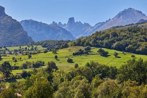 Panoramic view of the valley in front of Picu Urriellu mountain Stock Photos
