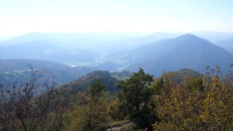 Panoramic view of the valley from high on the mountain Stock Footage 112389714