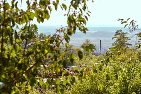 Panoramic view of the valley with road and village through blurred tree branches Stock-Fotos