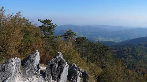 Panoramic view of the valley from a trail high on the mountain Stock Footage 112389637