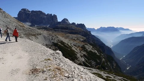 Panoramic view of the valley from Tre Cime di Lavaredo, Veneto, Italy Stock Footage 92528552